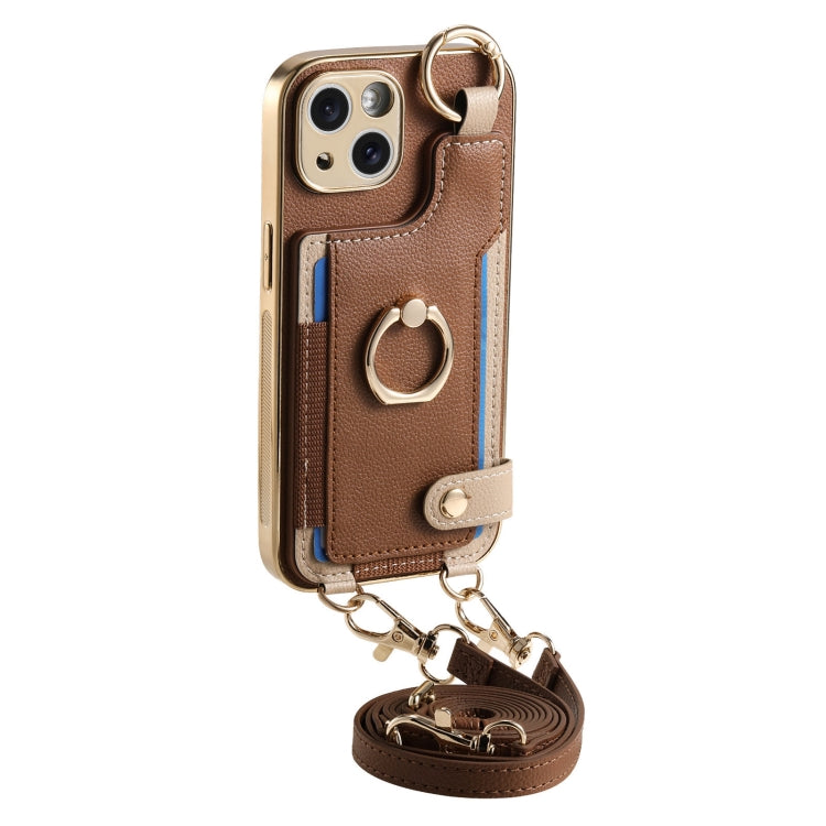 For iPhone 14 Pro Fashion Ring Card Bag Phone Case with Hang Loop(Brown) - iPhone 14 Pro Cases by buy2fix | Online Shopping UK | buy2fix