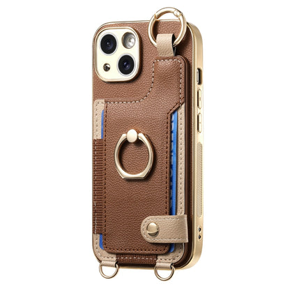 For iPhone 13 Pro Max Fashion Ring Card Bag Phone Case with Hang Loop(Brown) - iPhone 13 Pro Max Cases by buy2fix | Online Shopping UK | buy2fix