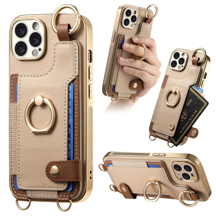 For iPhone 13 Pro Fashion Ring Card Bag Phone Case with Hang Loop(Khaki) - iPhone 13 Pro Cases by buy2fix | Online Shopping UK | buy2fix