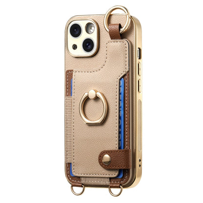 For iPhone 13 Pro Fashion Ring Card Bag Phone Case with Hang Loop(Khaki) - iPhone 13 Pro Cases by buy2fix | Online Shopping UK | buy2fix