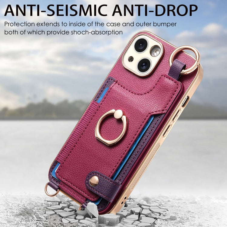 For iPhone 13 Fashion Ring Card Bag Phone Case with Hang Loop(Purple) - iPhone 13 Cases by buy2fix | Online Shopping UK | buy2fix