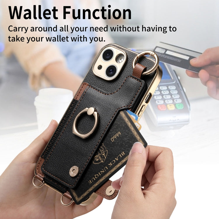 For iPhone 13 Fashion Ring Card Bag Phone Case with Hang Loop(Black) - iPhone 13 Cases by buy2fix | Online Shopping UK | buy2fix