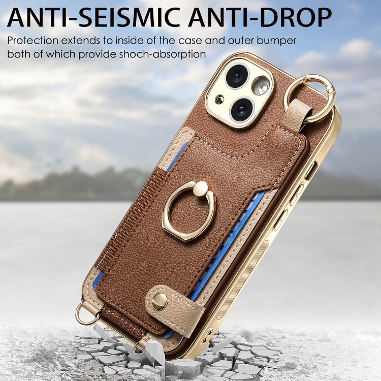 For iPhone 12 Pro Fashion Ring Card Bag Phone Case with Hang Loop(Brown) - iPhone 12 / 12 Pro Cases by buy2fix | Online Shopping UK | buy2fix