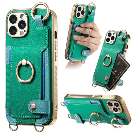 For iPhone 12 Pro Fashion Ring Card Bag Phone Case with Hang Loop(Green) - iPhone 12 / 12 Pro Cases by buy2fix | Online Shopping UK | buy2fix