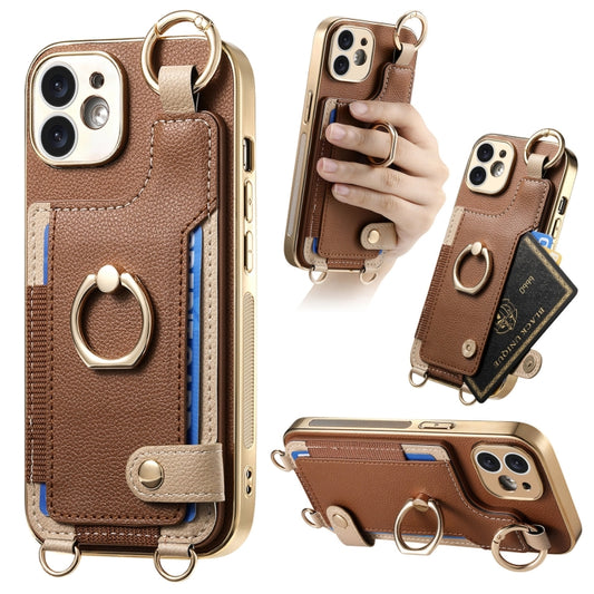 For iPhone 11 Fashion Ring Card Bag Phone Case with Hang Loop(Brown) - iPhone 11 Cases by buy2fix | Online Shopping UK | buy2fix