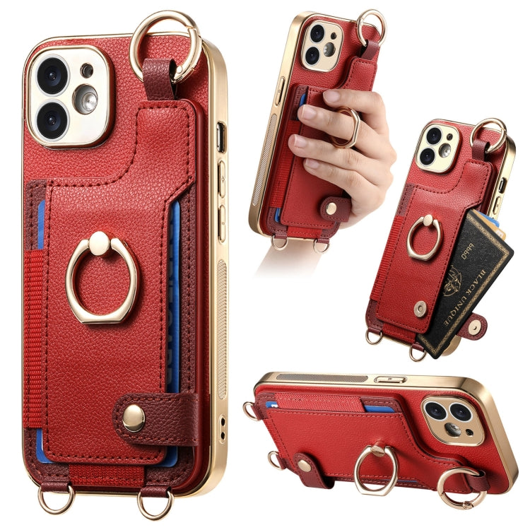 For iPhone 11 Fashion Ring Card Bag Phone Case with Hang Loop(Red) - iPhone 11 Cases by buy2fix | Online Shopping UK | buy2fix