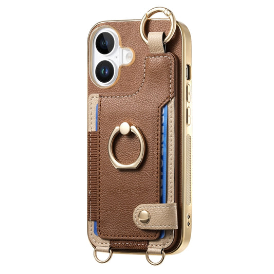 For iPhone 16 Fashion Ring Card Bag Phone Case with Hang Loop(Brown) by buy2fix