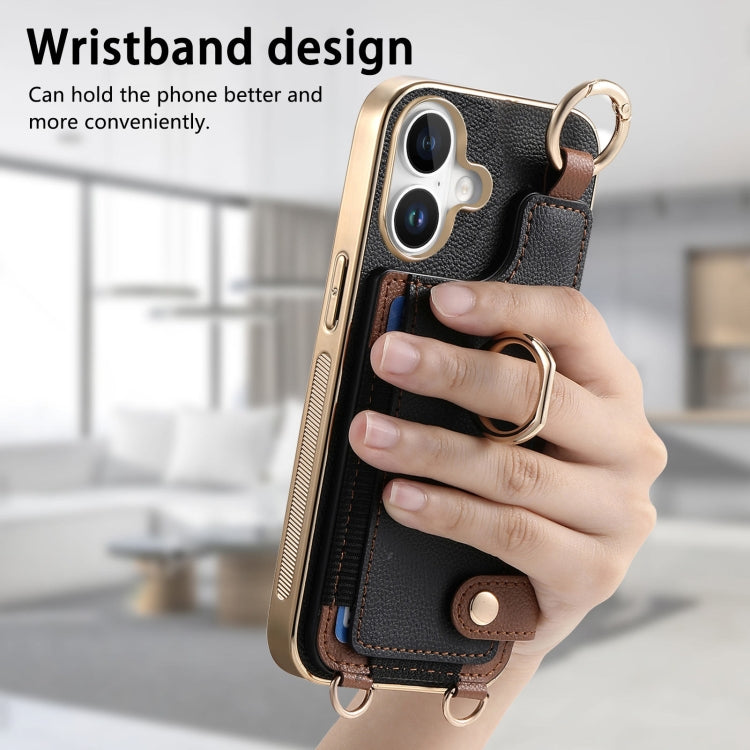 For iPhone 16 Fashion Ring Card Bag Phone Case with Hang Loop(Black) - iPhone 16 Cases by buy2fix | Online Shopping UK | buy2fix