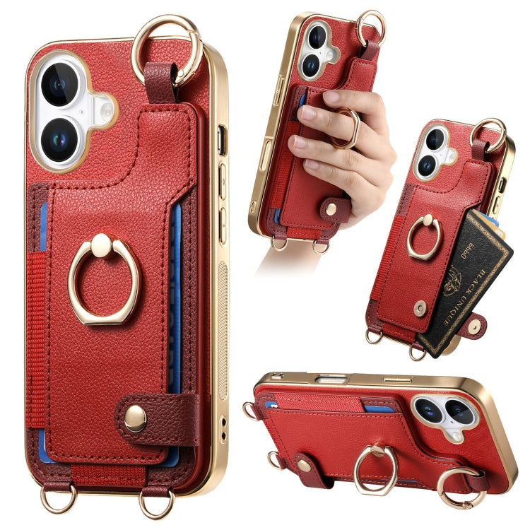 For iPhone 16 Fashion Ring Card Bag Phone Case with Hang Loop(Red) by buy2fix