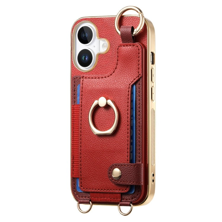 For iPhone 16 Fashion Ring Card Bag Phone Case with Hang Loop(Red) by buy2fix