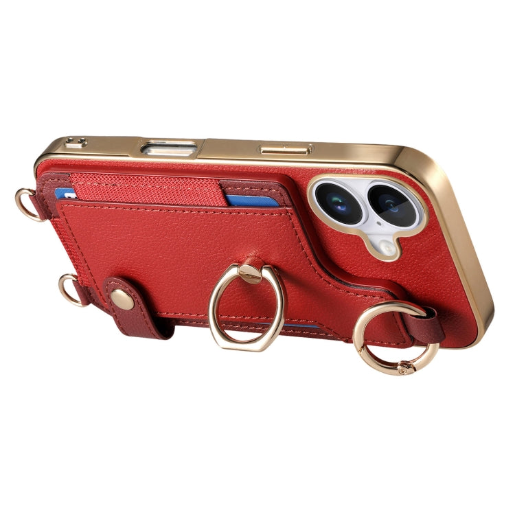 For iPhone 16 Fashion Ring Card Bag Phone Case with Hang Loop(Red) by buy2fix