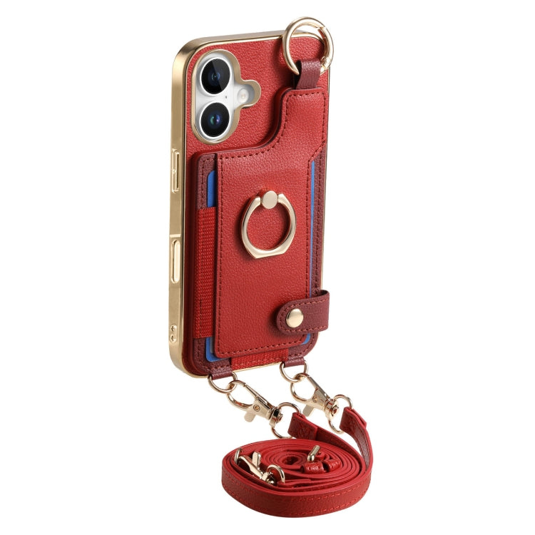 For iPhone 16 Fashion Ring Card Bag Phone Case with Hang Loop(Red) by buy2fix