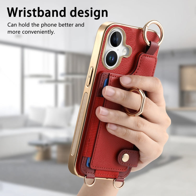 For iPhone 16 Fashion Ring Card Bag Phone Case with Hang Loop(Red) by buy2fix