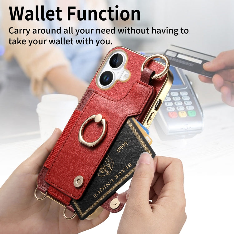 For iPhone 16 Fashion Ring Card Bag Phone Case with Hang Loop(Red) by buy2fix