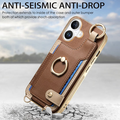 For iPhone 16 Plus Fashion Ring Card Bag Phone Case with Hang Loop(Brown) - iPhone 16 Plus Cases by buy2fix | Online Shopping UK | buy2fix