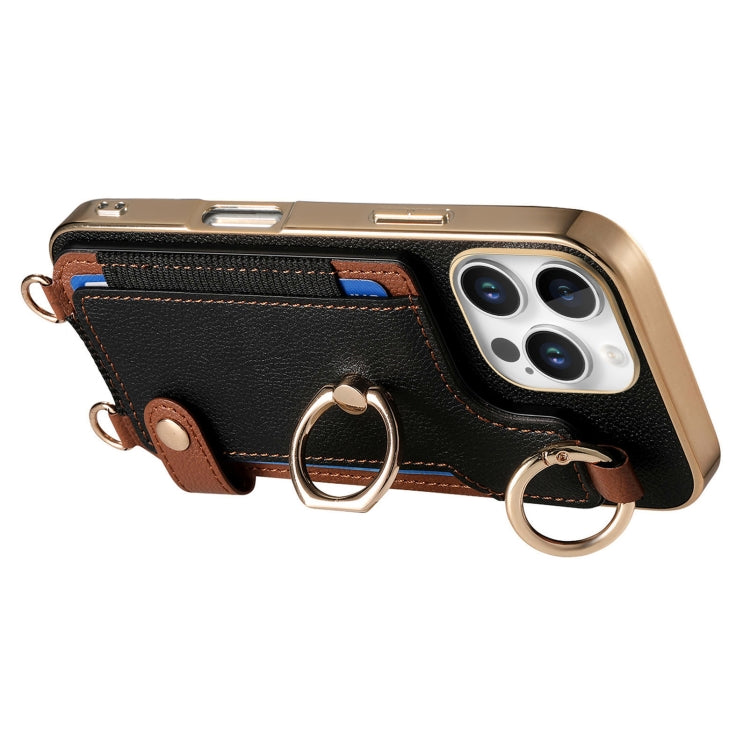 For iPhone 16 Pro Fashion Ring Card Bag Phone Case with Hang Loop(Black) by buy2fix