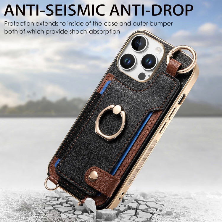 For iPhone 16 Pro Fashion Ring Card Bag Phone Case with Hang Loop(Black) by buy2fix