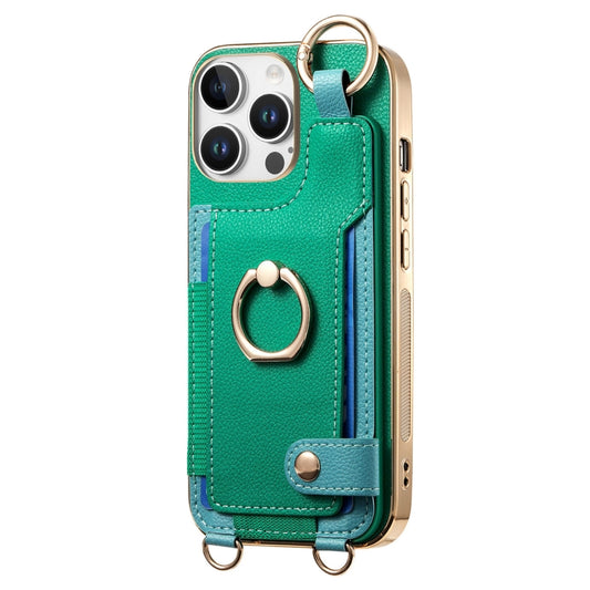 For iPhone 16 Pro Fashion Ring Card Bag Phone Case with Hang Loop(Green) by buy2fix