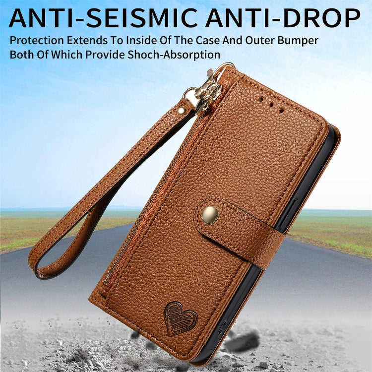 For Motorola Moto G Play 2024 Love Zipper Lanyard Leather Phone Case(Brown) - Motorola Cases by buy2fix | Online Shopping UK | buy2fix