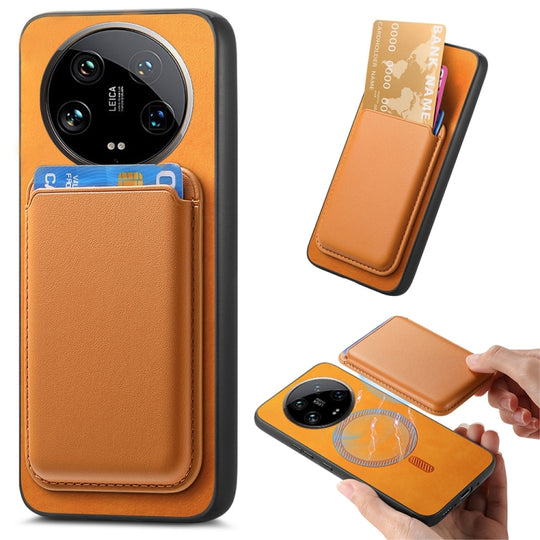 For Xiaomi 14 Ultra Retro Magsafe Card Bag PU Back Cover Phone Case(Yellow)