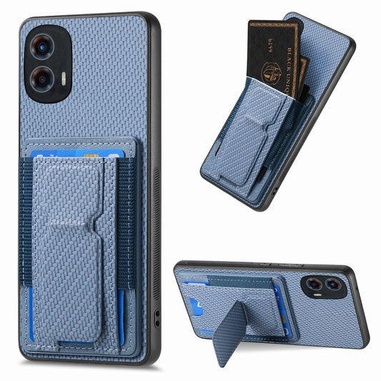 For Motorola Moto G 5G 2024 4G Carbon Fiber Fold Stand Elastic Card Bag Phone Case(Blue) - Motorola Cases by buy2fix | Online Shopping UK | buy2fix