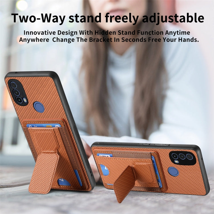 For Motorola Moto G 5G 2024 4G Carbon Fiber Fold Stand Elastic Card Bag Phone Case(Brown) - Motorola Cases by buy2fix | Online Shopping UK | buy2fix