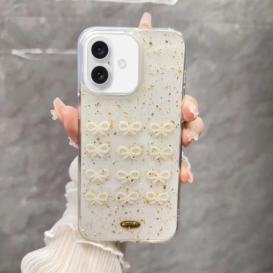 For iPhone 16 Gold Foil Pearl Bow TPU Phone Case(Bow) - iPhone 16 Cases by buy2fix | Online Shopping UK | buy2fix