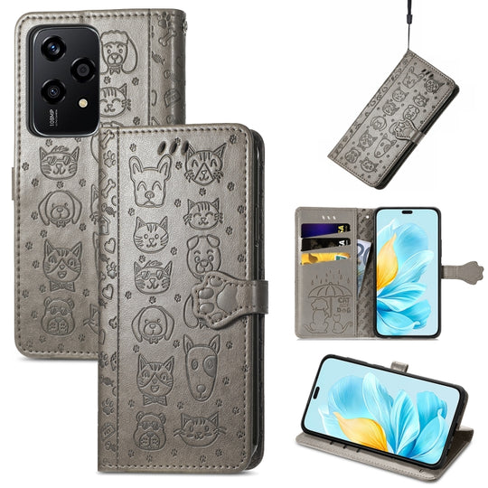 For Honor 200 Lite Global Cat and Dog Embossed Leather Phone Case(Gray)
