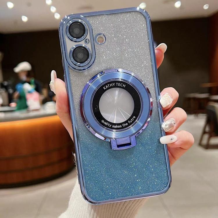 For iPhone 16 Electroplated Holder Gradient Glitter MagSafe Phone Case(Blue) by buy2fix