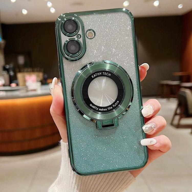 For iPhone 16 Electroplated Holder Gradient Glitter MagSafe Phone Case(Green) by buy2fix