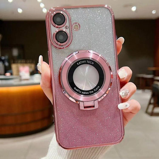 For iPhone 16 Electroplated Holder Gradient Glitter MagSafe Phone Case(Pink) by buy2fix