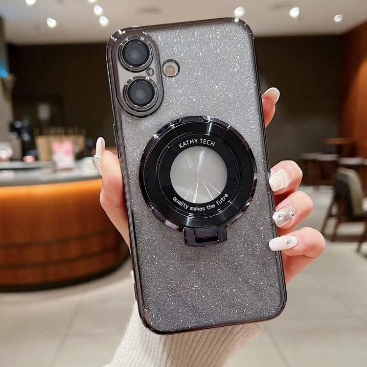 For iPhone 16 Plus Electroplated Holder Gradient Glitter MagSafe Phone Case(Black) by buy2fix