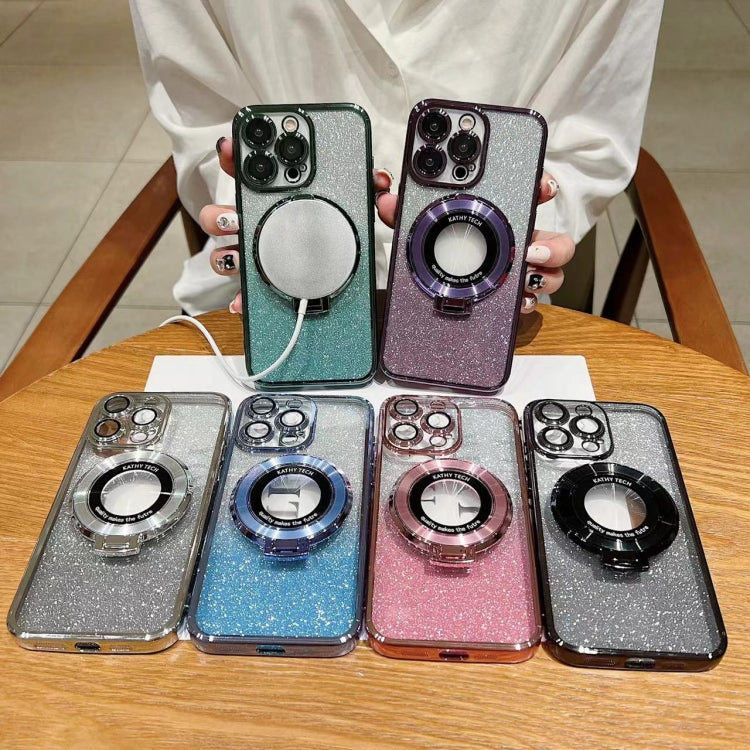 For iPhone 16 Plus Electroplated Holder Gradient Glitter MagSafe Phone Case(Purple) by buy2fix