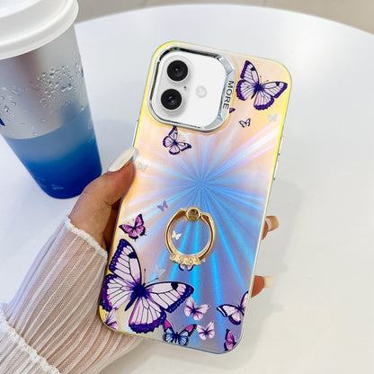 For iPhone 16 Plus Electroplating Laser Butterfly Ring Holder Phone Case(Purple Butterflies AB3) - iPhone 16 Plus Cases by buy2fix | Online Shopping UK | buy2fix