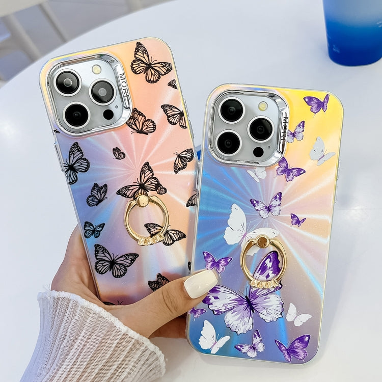 For iPhone 16 Electroplating Laser Butterfly Ring Holder Phone Case(Blue Butterflies AB4) - iPhone 16 Cases by buy2fix | Online Shopping UK | buy2fix