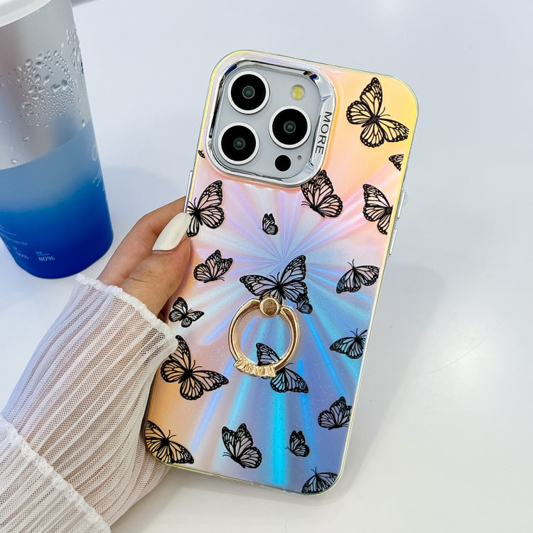 For iPhone 16 Electroplating Laser Butterfly Ring Holder Phone Case(White Purple Butterflies AB6) - iPhone 16 Cases by buy2fix | Online Shopping UK | buy2fix