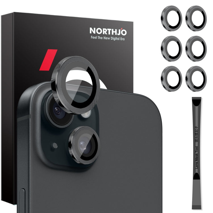 For iPhone 15 / 15 Plus / 14 / 14 Plus NORTHJO 3 Set 6pcs Camera Lens Protector Cover Metal Ring Film(Black) - iPhone 15 Tempered Glass by NORTHJO | Online Shopping UK | buy2fix