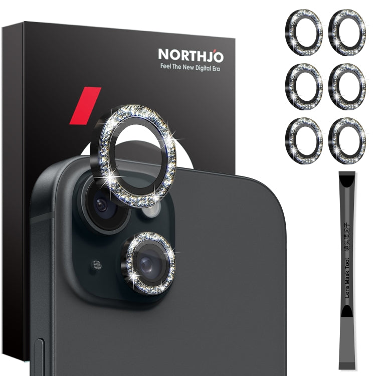 For iPhone 15 / 15 Plus / 14 / 14 Plus NORTHJO 3 Set 6pcs Camera Lens Protector Glitter Metal Ring Film(Black) - iPhone 15 Tempered Glass by NORTHJO | Online Shopping UK | buy2fix