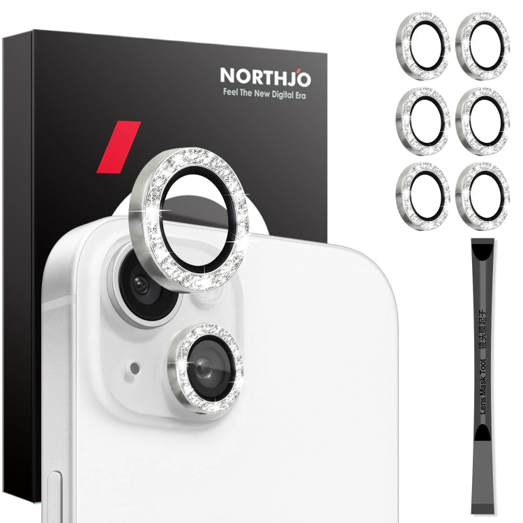 For iPhone 15 / 15 Plus / 14 / 14 Plus NORTHJO 3 Set 6pcs Camera Lens Protector Glitter Metal Ring Film(Silver) - iPhone 15 Tempered Glass by NORTHJO | Online Shopping UK | buy2fix