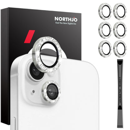 For iPhone 15 / 15 Plus / 14 / 14 Plus NORTHJO 3 Set 6pcs Camera Lens Protector Glitter Metal Ring Film(Silver) - iPhone 15 Tempered Glass by NORTHJO | Online Shopping UK | buy2fix