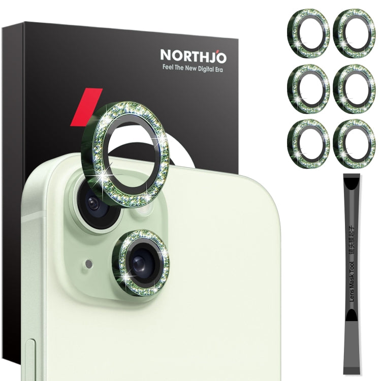 For iPhone 15 / 15 Plus / 14 / 14 Plus NORTHJO 3 Set 6pcs Camera Lens Protector Glitter Metal Ring Film(Green) - iPhone 15 Tempered Glass by NORTHJO | Online Shopping UK | buy2fix