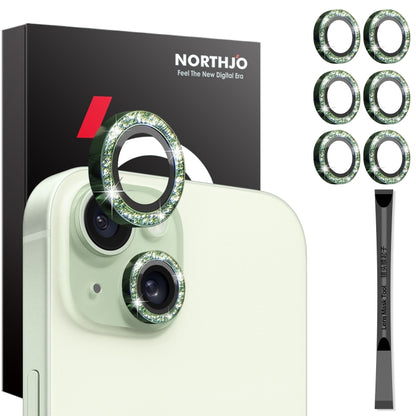 For iPhone 15 / 15 Plus / 14 / 14 Plus NORTHJO 3 Set 6pcs Camera Lens Protector Glitter Metal Ring Film(Green) - iPhone 15 Tempered Glass by NORTHJO | Online Shopping UK | buy2fix