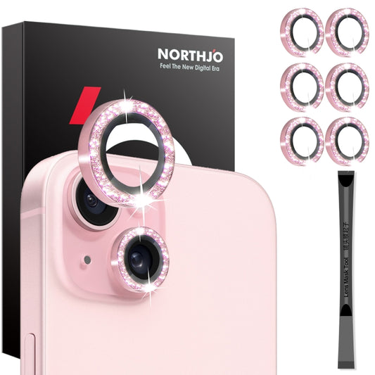 For iPhone 15 / 15 Plus / 14 / 14 Plus NORTHJO 3 Set 6pcs Camera Lens Protector Glitter Metal Ring Film(Pink) - iPhone 15 Tempered Glass by NORTHJO | Online Shopping UK | buy2fix