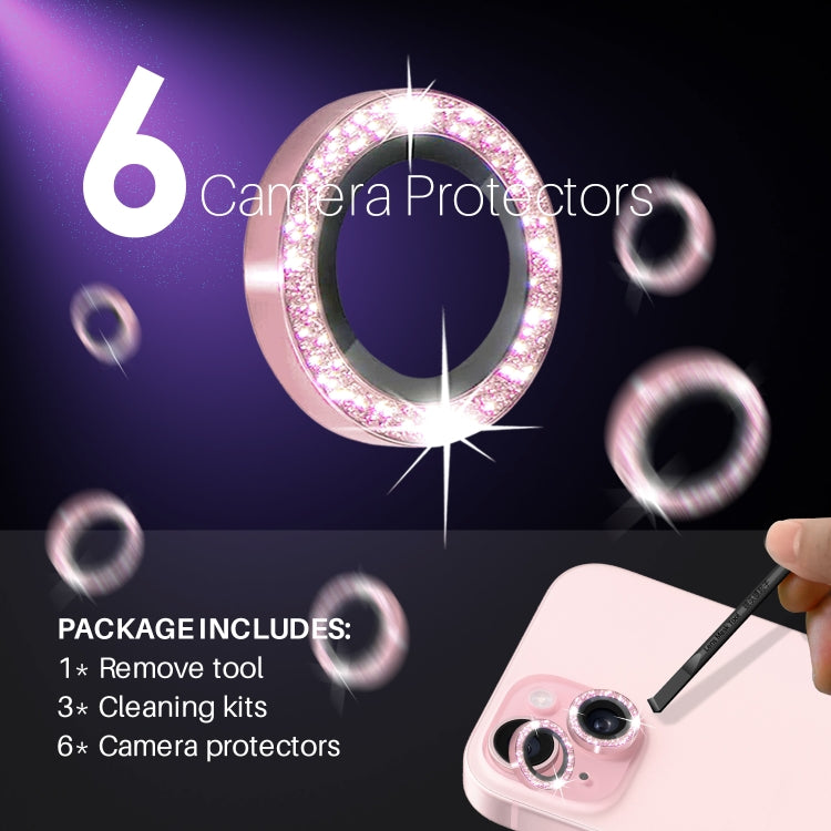 For iPhone 15 / 15 Plus / 14 / 14 Plus NORTHJO 3 Set 6pcs Camera Lens Protector Glitter Metal Ring Film(Pink) - iPhone 15 Tempered Glass by NORTHJO | Online Shopping UK | buy2fix