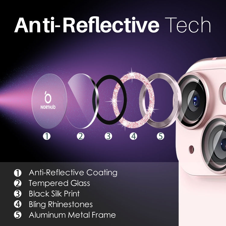 For iPhone 15 / 15 Plus / 14 / 14 Plus NORTHJO 3 Set 6pcs Camera Lens Protector Glitter Metal Ring Film(Pink) - iPhone 15 Tempered Glass by NORTHJO | Online Shopping UK | buy2fix