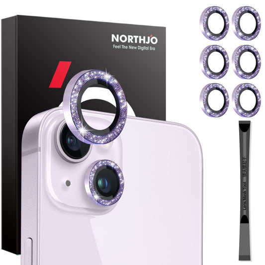 For iPhone 15 / 15 Plus / 14 / 14 Plus NORTHJO 3 Set 6pcs Camera Lens Protector Glitter Metal Ring Film(Purple) - iPhone 15 Tempered Glass by NORTHJO | Online Shopping UK | buy2fix