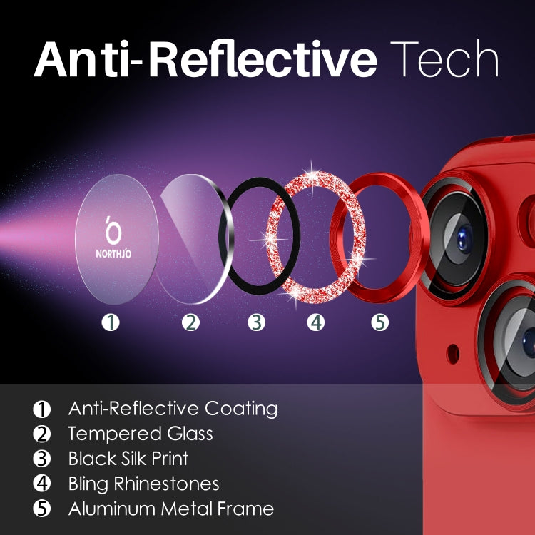For iPhone 15 / 15 Plus / 14 / 14 Plus NORTHJO 3 Set 6pcs Camera Lens Protector Glitter Metal Ring Film(Red) - iPhone 15 Tempered Glass by NORTHJO | Online Shopping UK | buy2fix