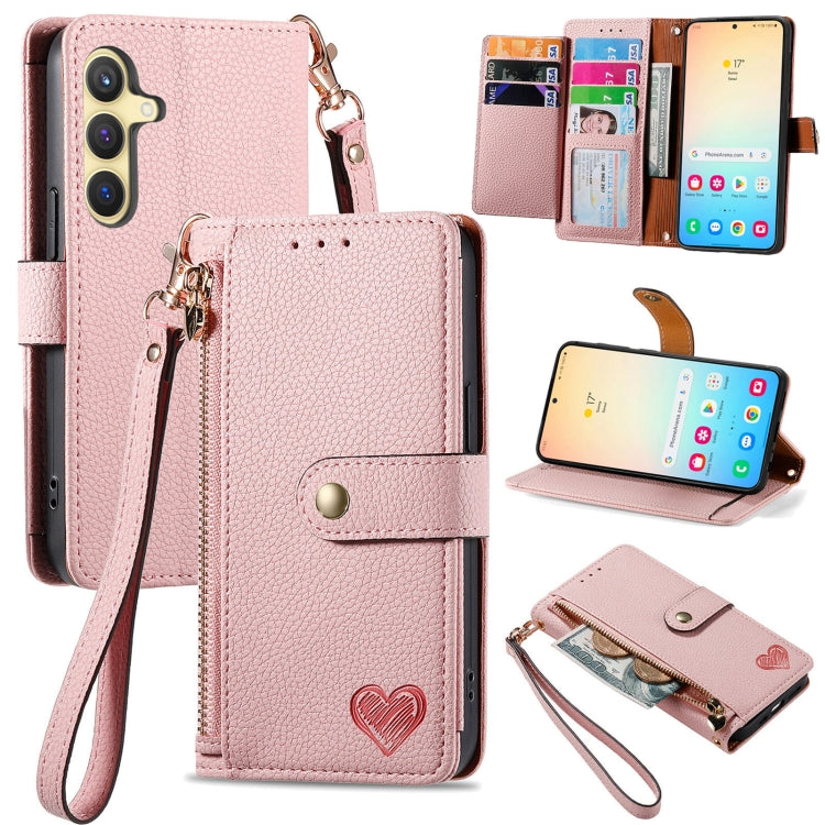 For Samsung Galaxy S25 5G Love Zipper Lanyard Leather Phone Case(Pink) - Galaxy S25 5G Cases by buy2fix | Online Shopping UK | buy2fix