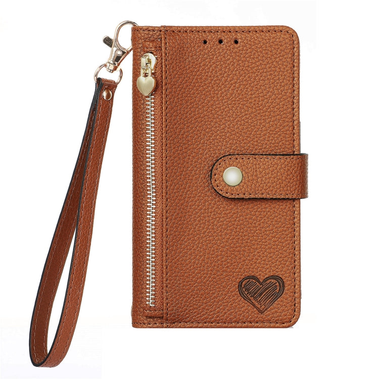 For Samsung Galaxy S25 Ultra 5G Love Zipper Lanyard Leather Phone Case(Brown) - Galaxy S25 Ultra 5G Cases by buy2fix | Online Shopping UK | buy2fix