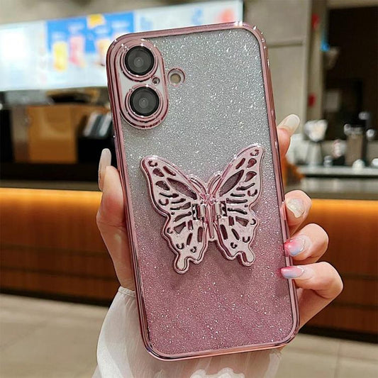 For iPhone 16 Electroplated Gradient Glitter 3D Butterfly TPU Phone Case(Gradient Pink) by buy2fix